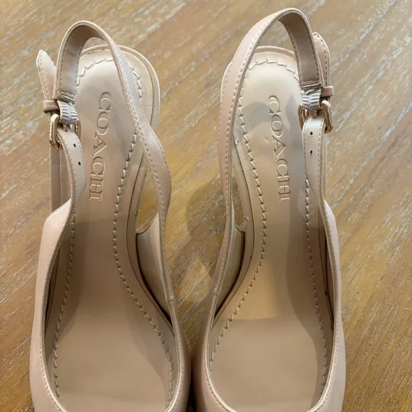 Coach ALLIE Beige Nude Leather Slingback Pump Stiletto Logo On Toe Luxury - Picture 5 of 14